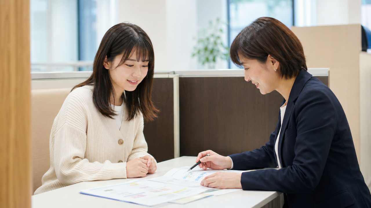 大学のキャリアセンターで日本人女子学生がスタッフに相談している実写風写真