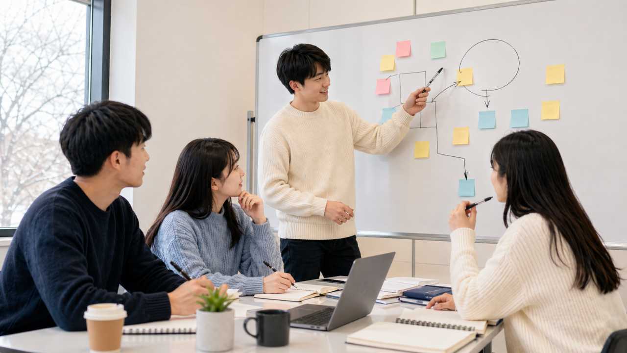冬インターンのグループワークで学生たちがホワイトボードを囲み、事業アイデアを議論している様子