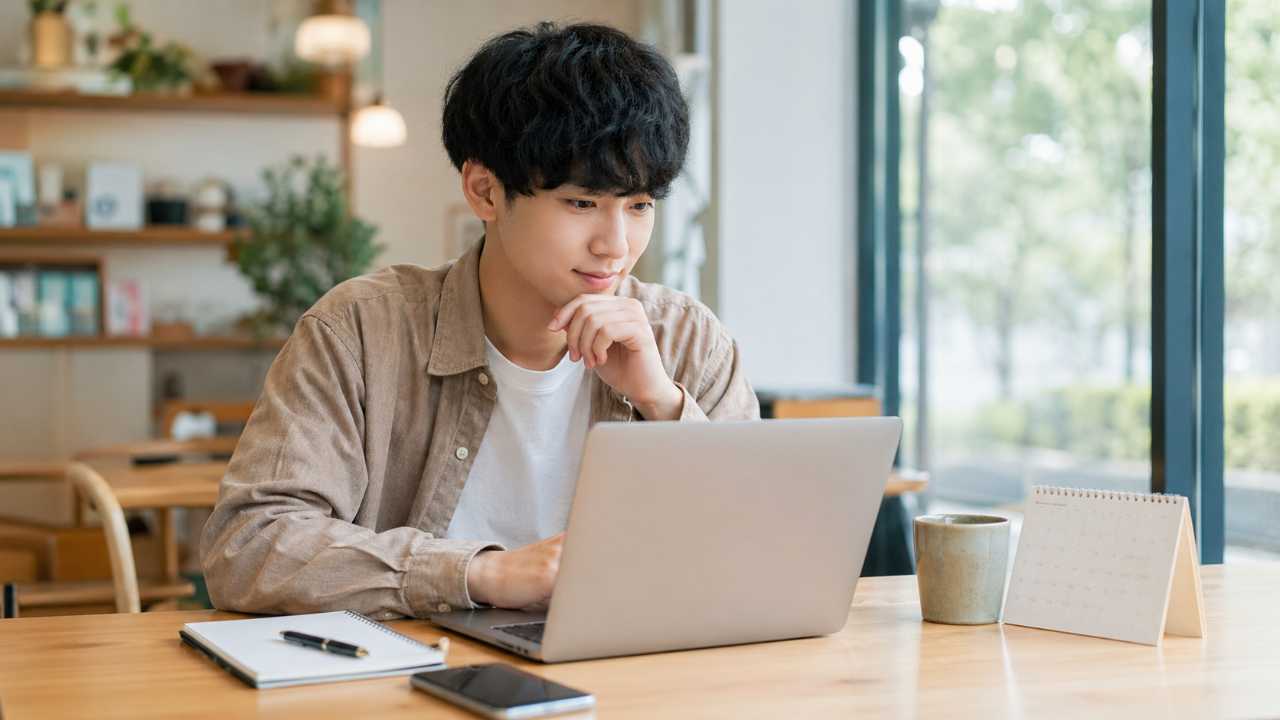 大学3年生の日本人学生がカフェ風の明るい場所でノートパソコンを開き、インターン情報を探している写真風の画像