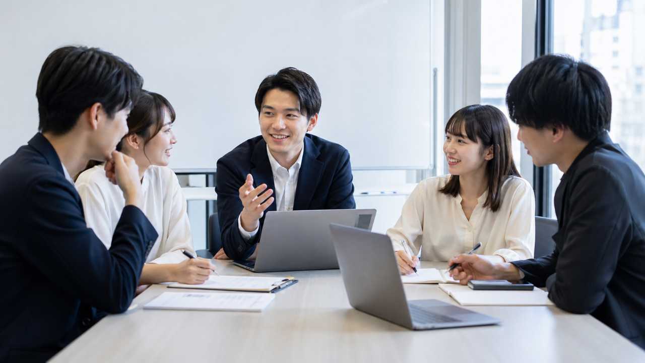 複数の大学生がグループワークで意見を出し合っている実写風写真