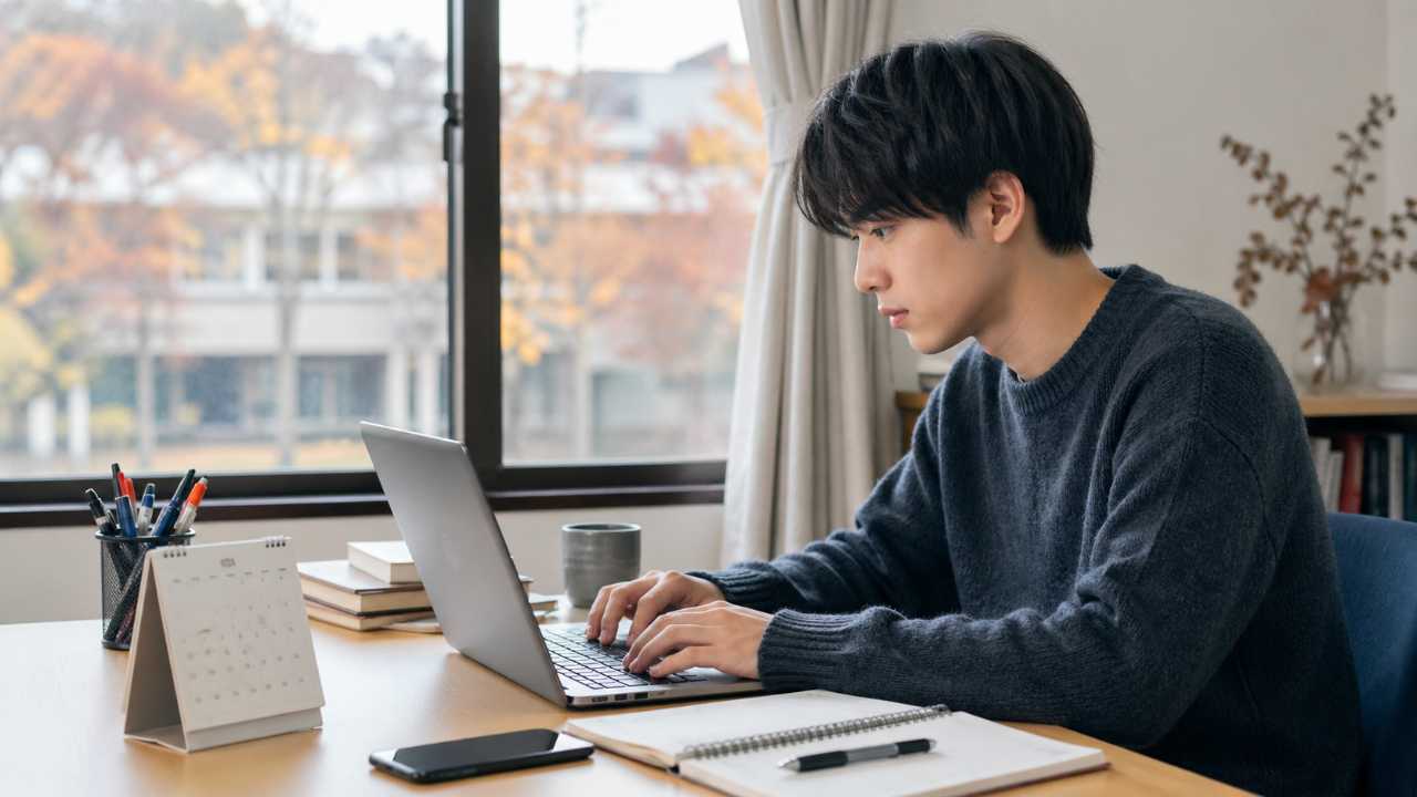 大学生がノートパソコンで秋冬インターンの募集情報を確認している実写風のブログ用アイキャッチ画像