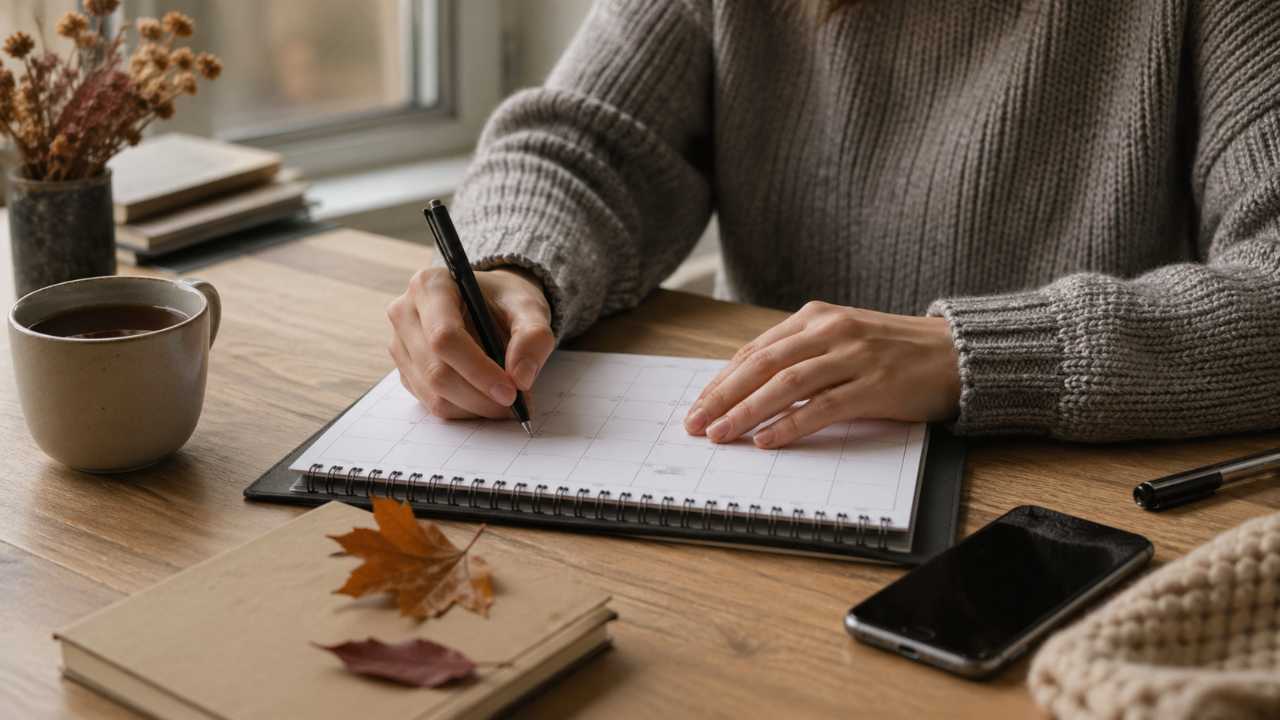 就活中の学生がカレンダーに秋冬インターンの応募締切を書き込んでいる実写風画像