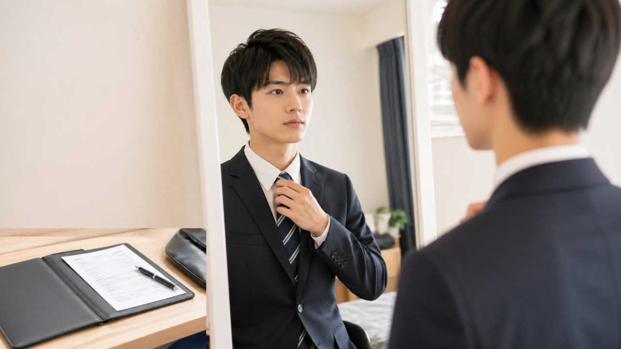早期選考の面接に向けて身だしなみと資料を確認する就活生の写真風イメージ