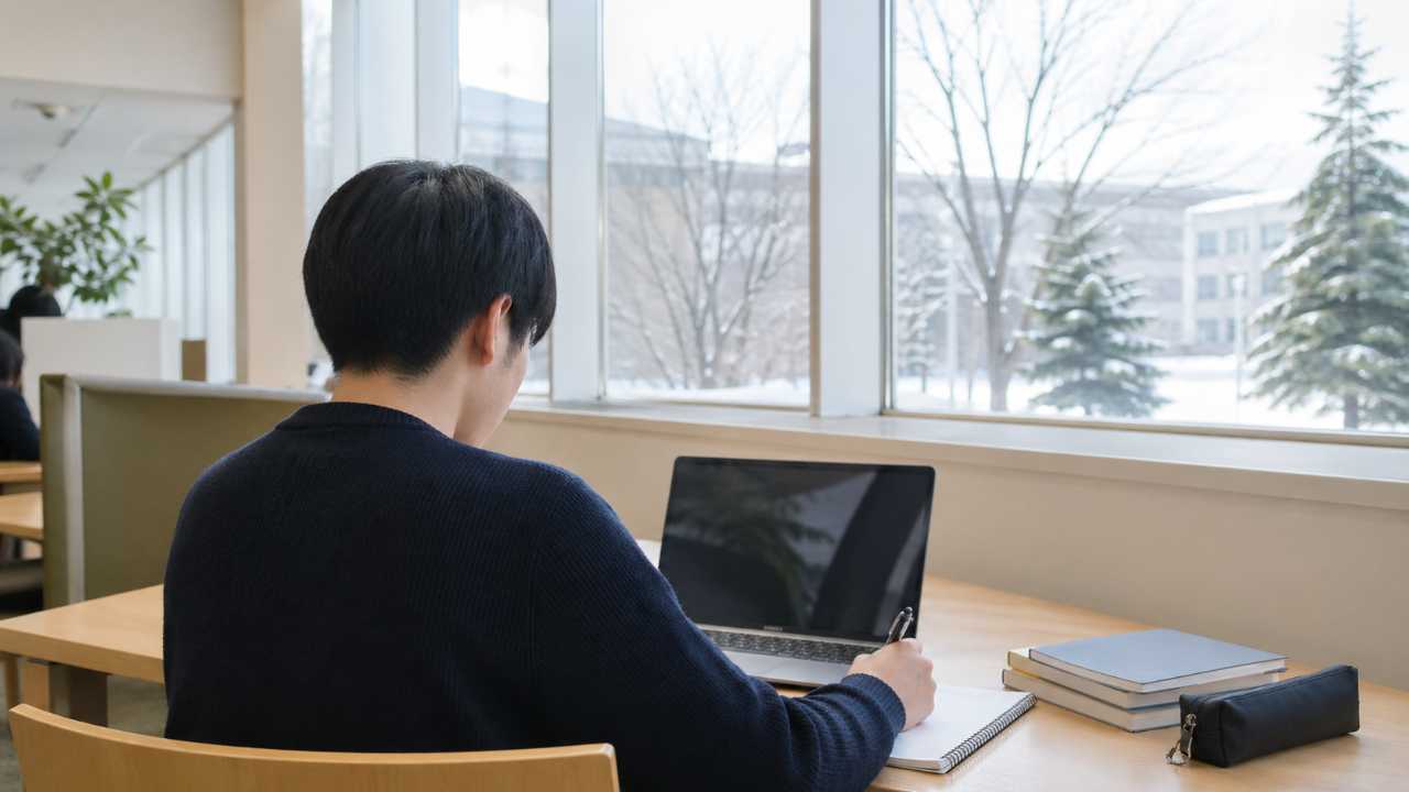 冬の落ち着いた光が入る大学のキャリアセンター風の空間で、ノートPCと就活ノートを開き、冬インターンから早期選考に向けて準備する日本人大学生の後ろ姿