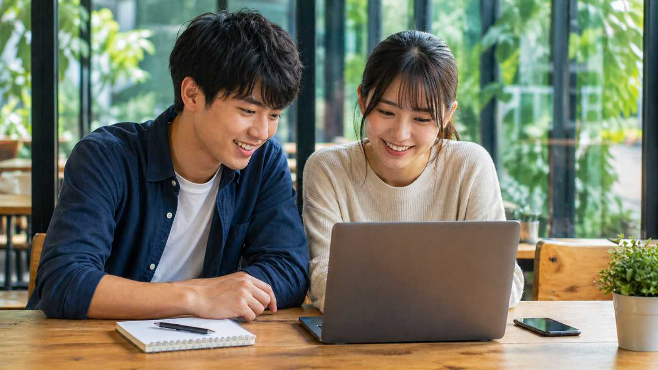 大学1年生の男女が夏休みにカフェ風の明るい学習スペースでノートパソコンを開き、インターンやキャリアについて前向きに調べている実写風写真