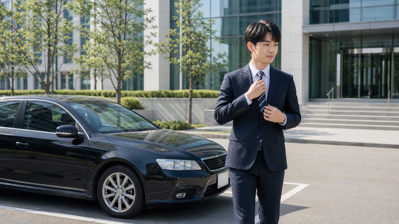 オフィスビルの来客用駐車場に車を停め、スーツ姿の学生が身だしなみを整えて受付へ向かう場面
