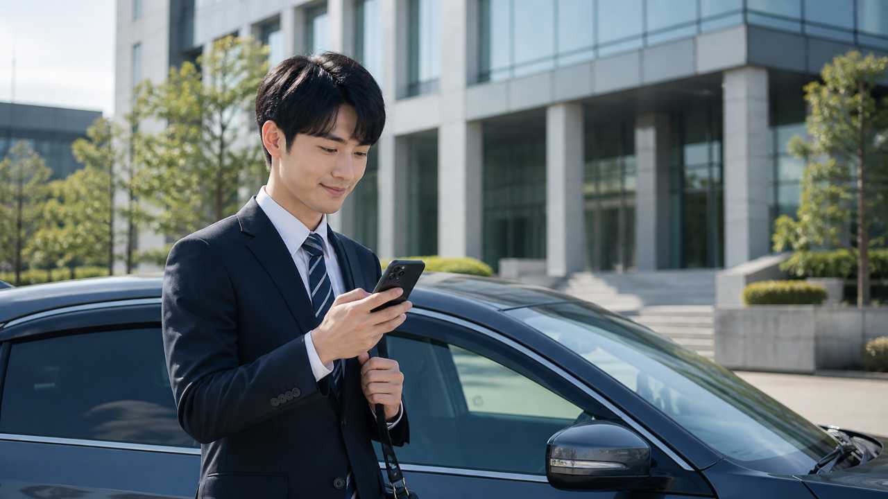 スーツ姿の大学生が、清潔な車のそばでスマートフォンの地図アプリを確認しながらインターンシップ先の企業へ向かう準備をしている場面