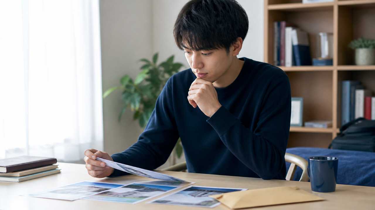 内定通知をイメージした封筒と企業パンフレットを前に、就活生が冷静に比較検討している様子