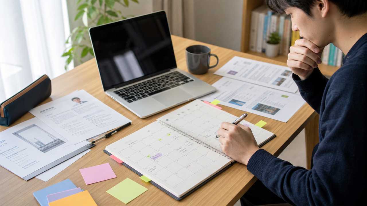 複数の企業資料とカレンダーを見ながら、早期選考の締切を整理しているデスク風景