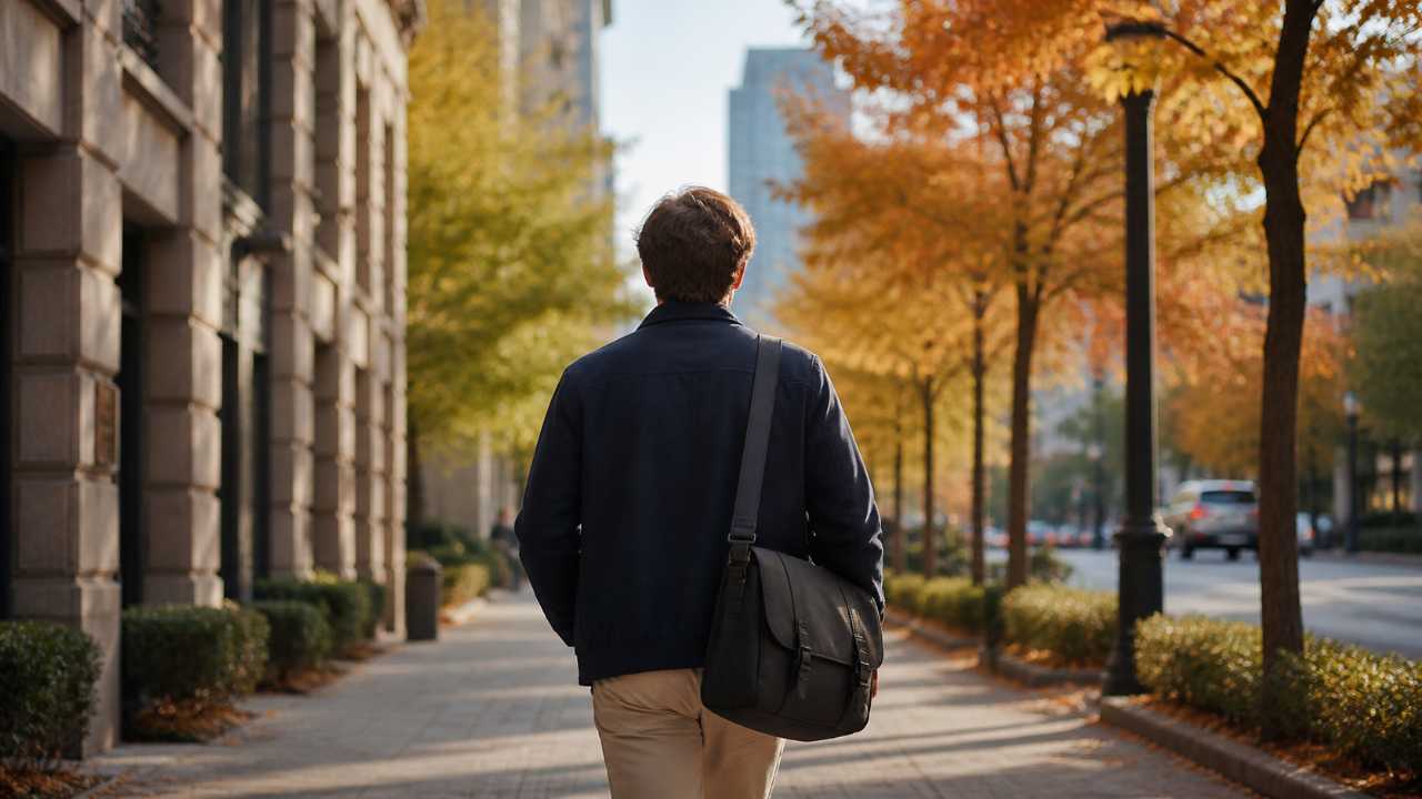秋の街並みを背景に、就活用バッグを持って前向きに歩く学生の後ろ姿