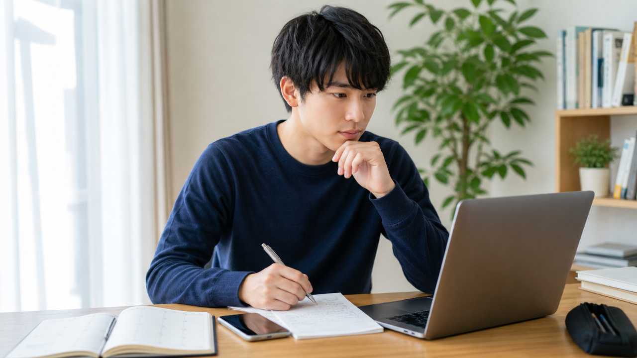 日本の大学生がノートPCで就活サイトと企業一覧を確認している写真風イメージ