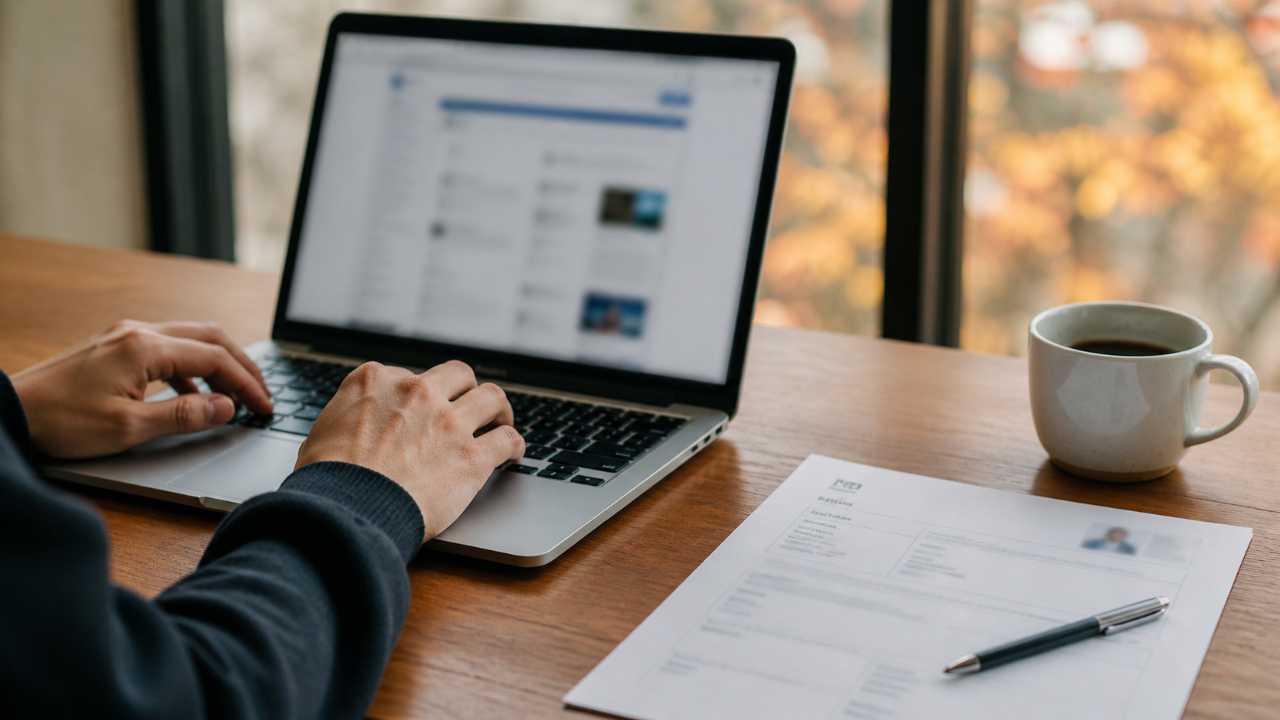 ノートパソコンで求人情報を確認する大学4年生の手元
