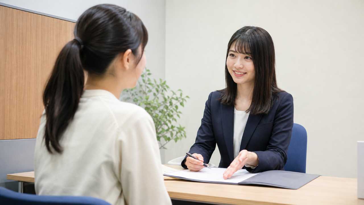 公的な就職支援窓口でキャリア相談を受ける若い女子学生とアドバイザー