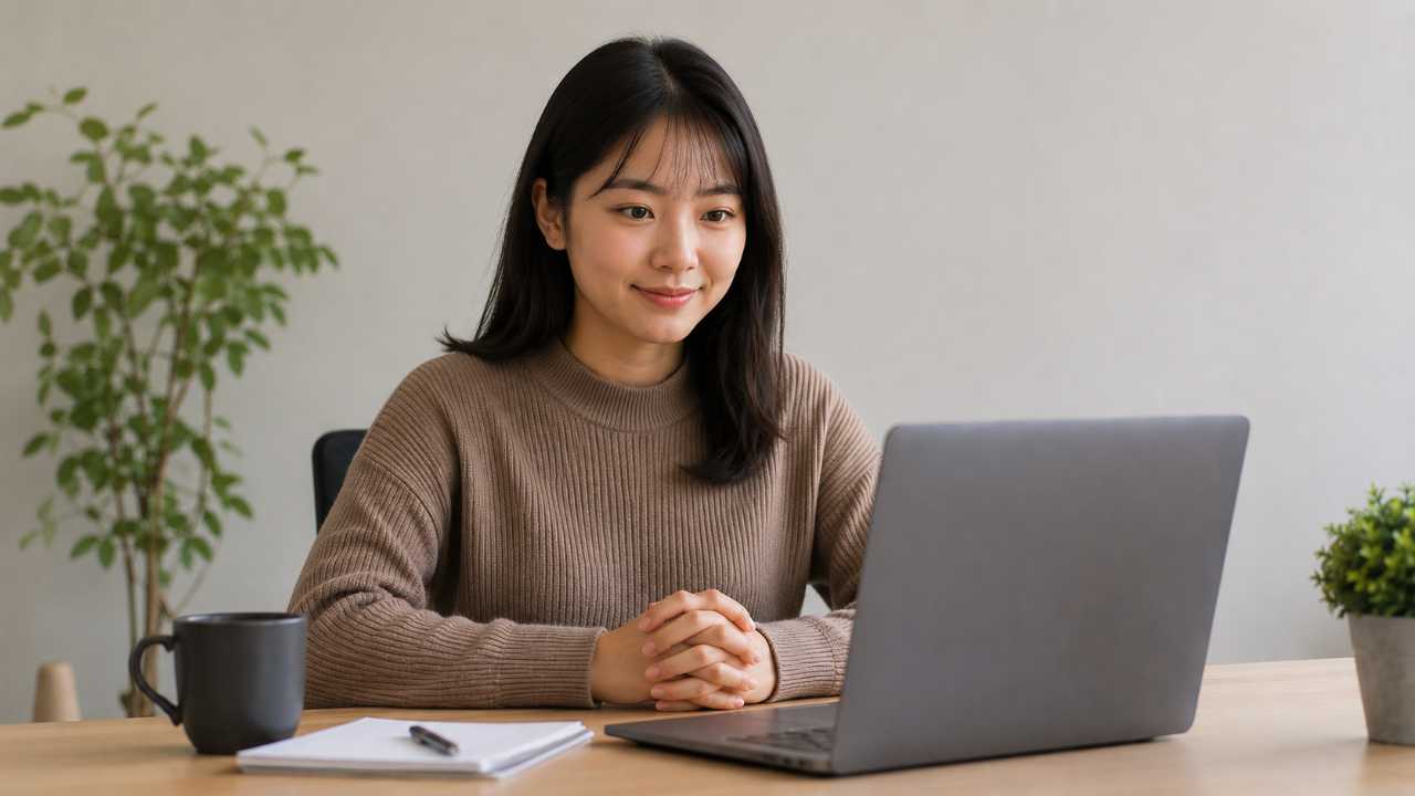カメラオンのオンライン説明会に参加する学生が、姿勢よくノートパソコンの前に座っている実写風画像