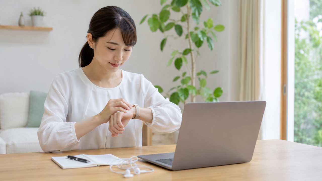 オンライン説明会に参加する若い社会人または学生が、明るい部屋でノートパソコンを開き、開始10分前を意識して時計を確認している実写風のブログ用アイキャッチ画像