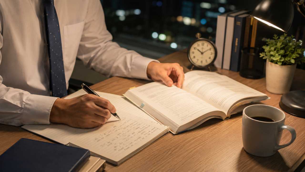 夜のデスクでビジネス実務法務検定3級の勉強をしている社会人の手元