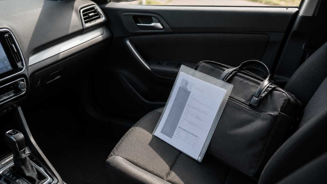 助手席に置かれたビジネスバッグ、クリアファイルに入った履歴書、整った車内、面接準備のイメージ