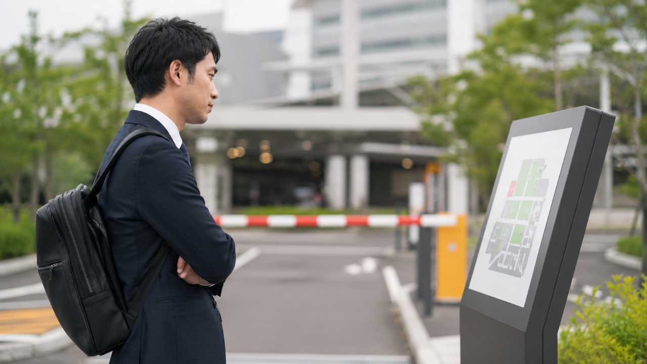 駐車場の入口付近で案内表示を確認するビジネスパーソン