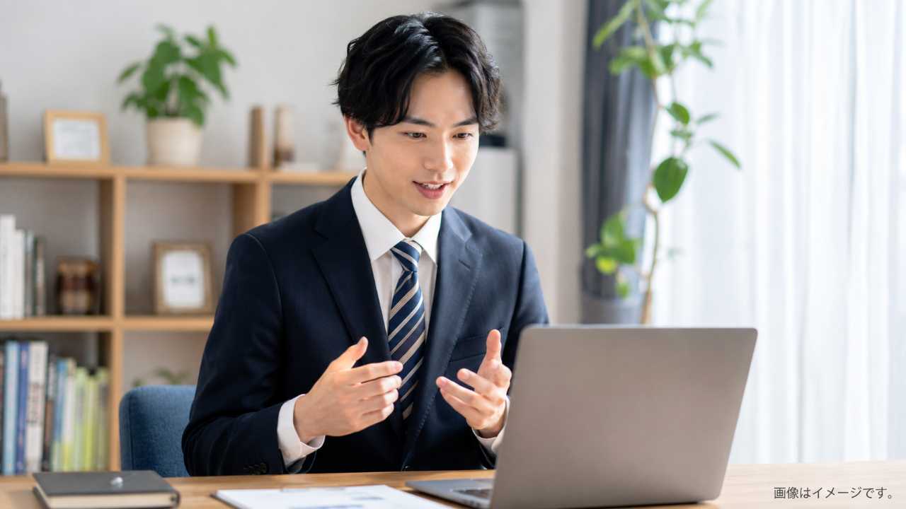 オンライン最終面接に臨む就活生が、パソコン画面に向かって落ち着いて話している写真風画像