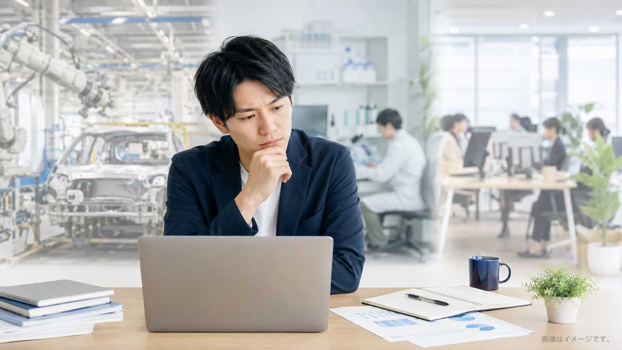 メーカー就職に悩む若い就活生が、ノートパソコンで企業研究をしながら、背景に近代的な工場、研究所、オフィスがぼんやり見える実写風の写真