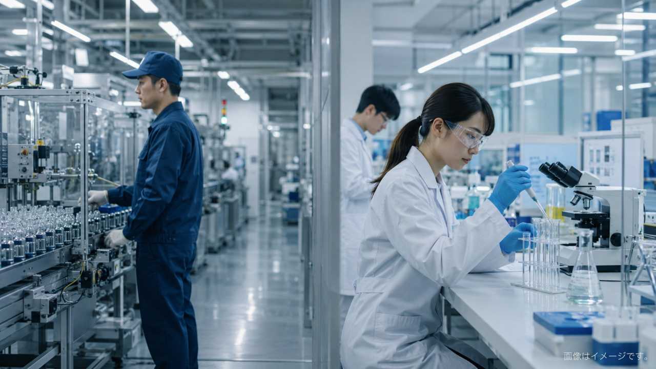清潔な工場ラインと研究開発室を自然に組み合わせた実写風の写真