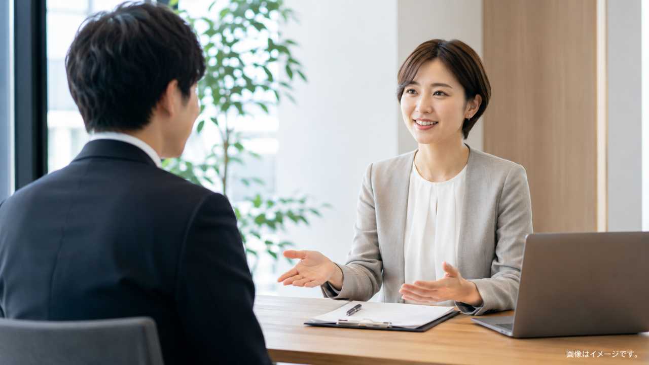 明るい会議室で穏やかに話す面接官と応募者。働き方や評価制度を確認する前向きな転職面接のイメージ