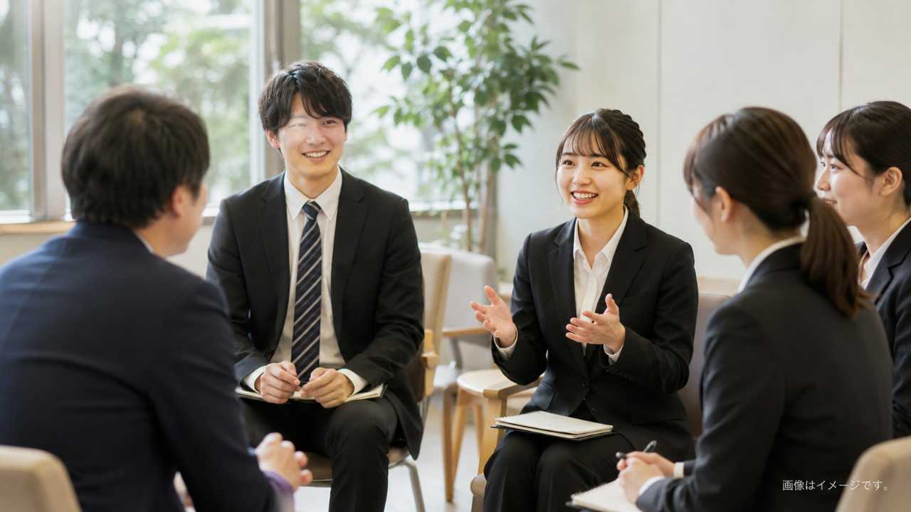中小企業の説明会で学生が質問している実写風、少人数で話しやすい雰囲気