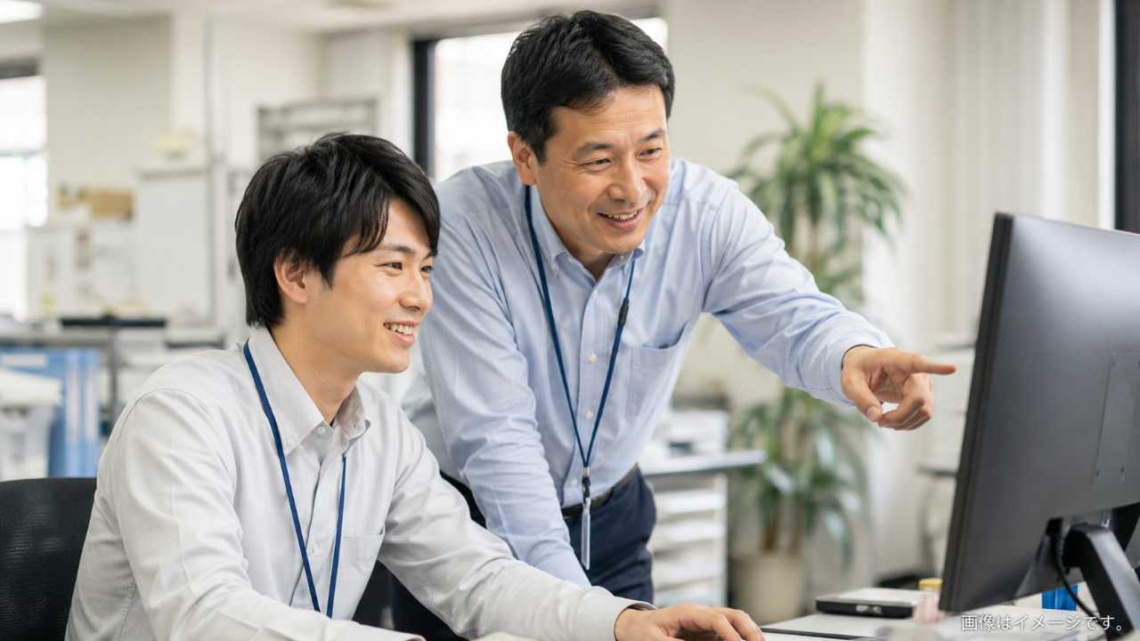 若手社員が中小企業の職場で先輩に教わりながら実務を学ぶ写真風イメージ