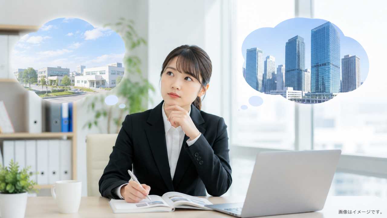 就職活動中の日本人新卒学生が、中小企業と大企業の選択肢を前に落ち着いて考えている写真風