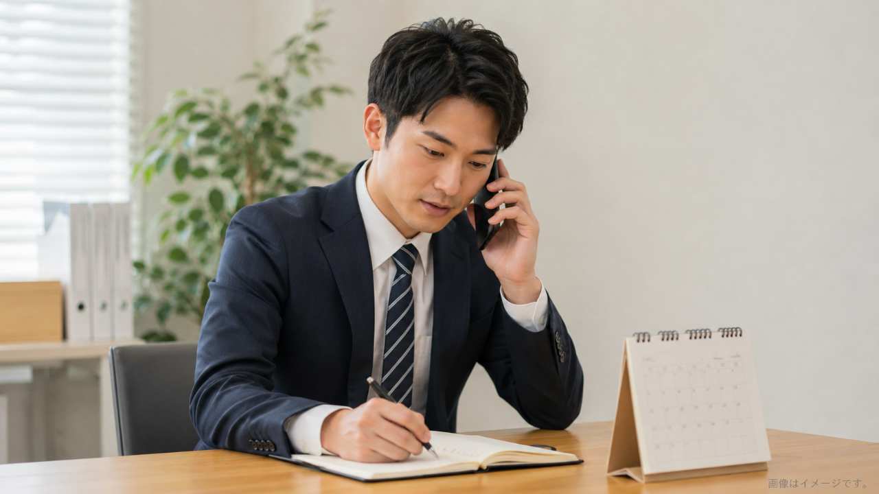 入社日変更の電話相談をする日本人ビジネスパーソン