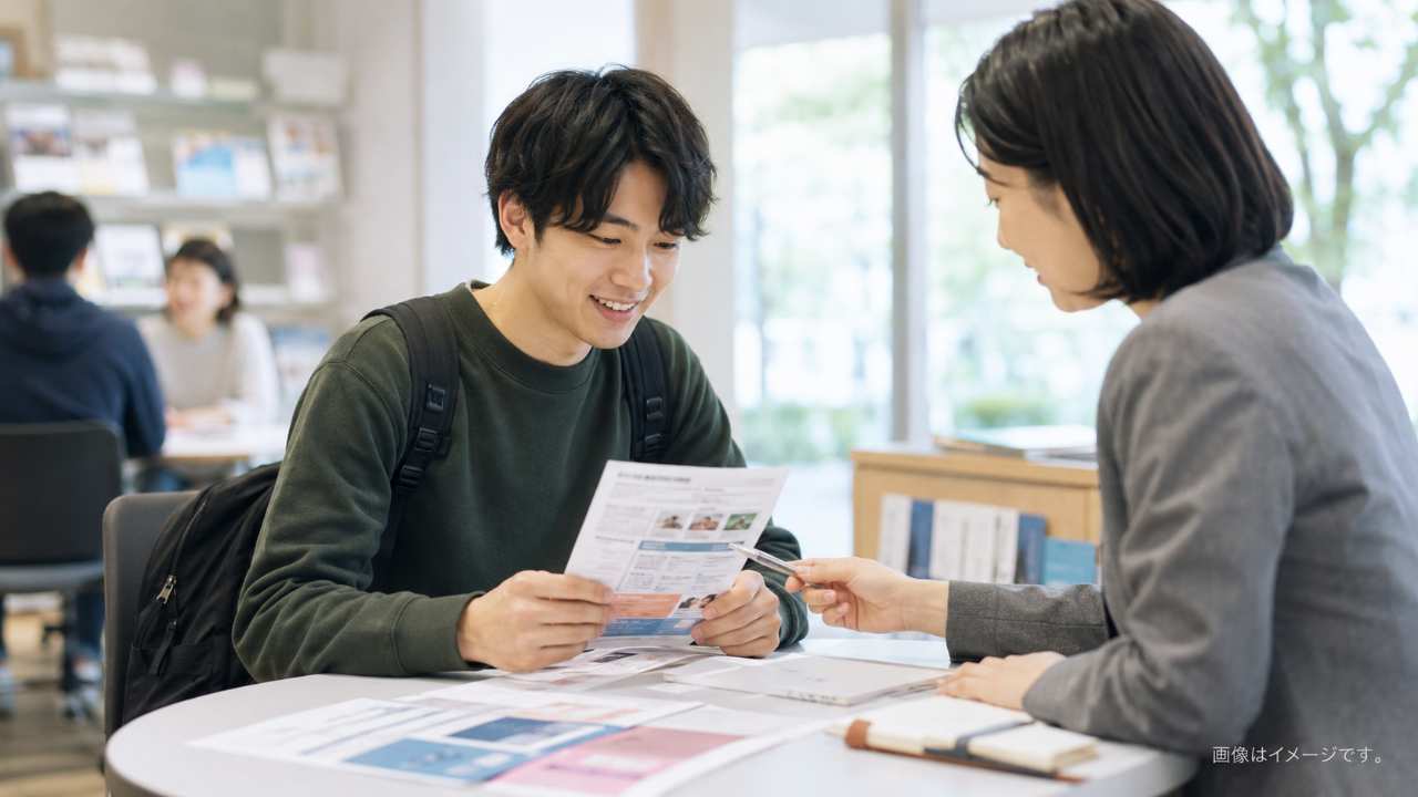 就活生が大学キャリアセンターで資料を確認している写真風