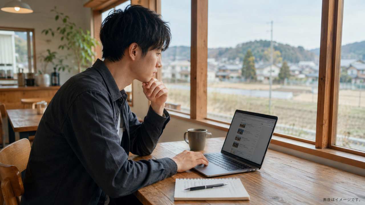 地方のカフェでノートパソコンを開き、求人情報を比較している人物