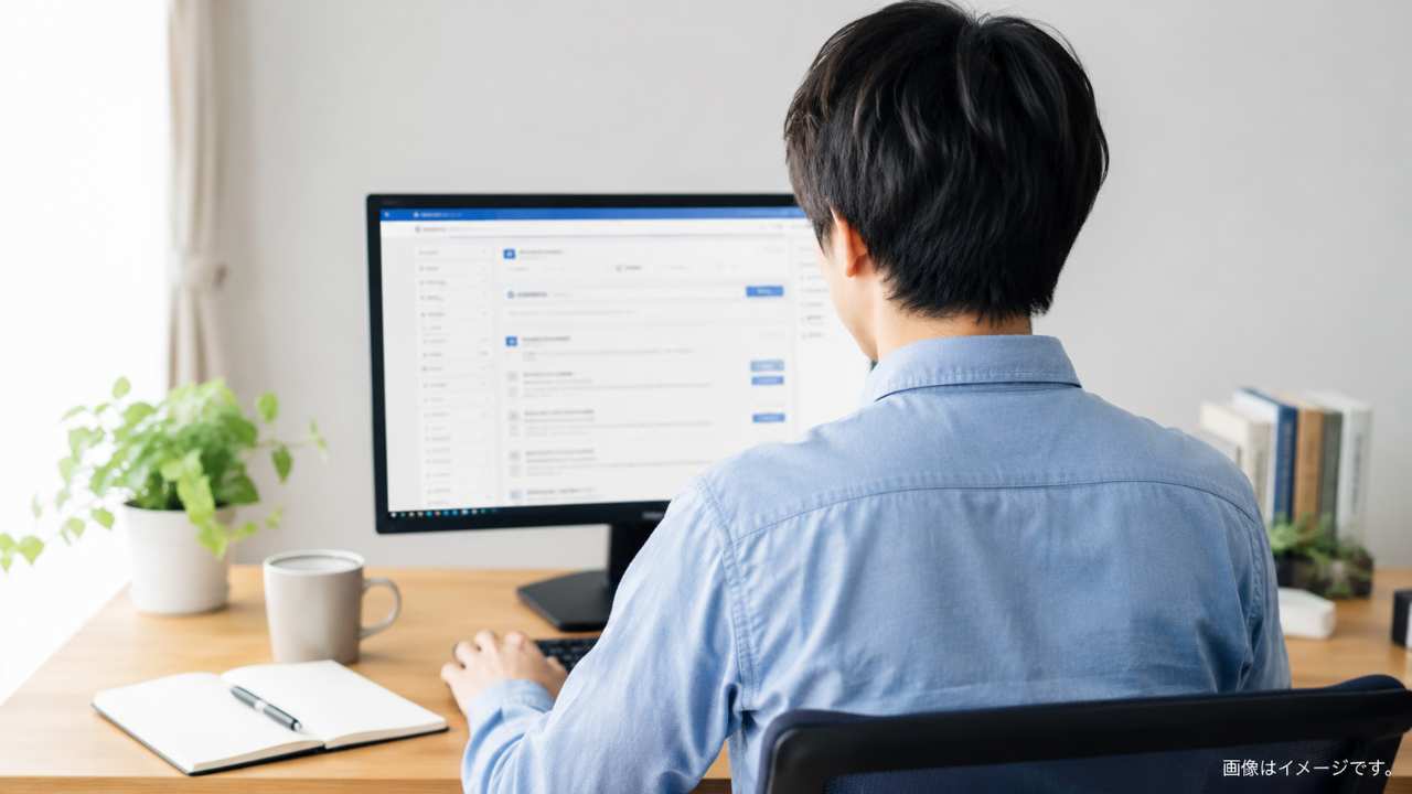 パソコンで求人検索をしている人の後ろ姿
