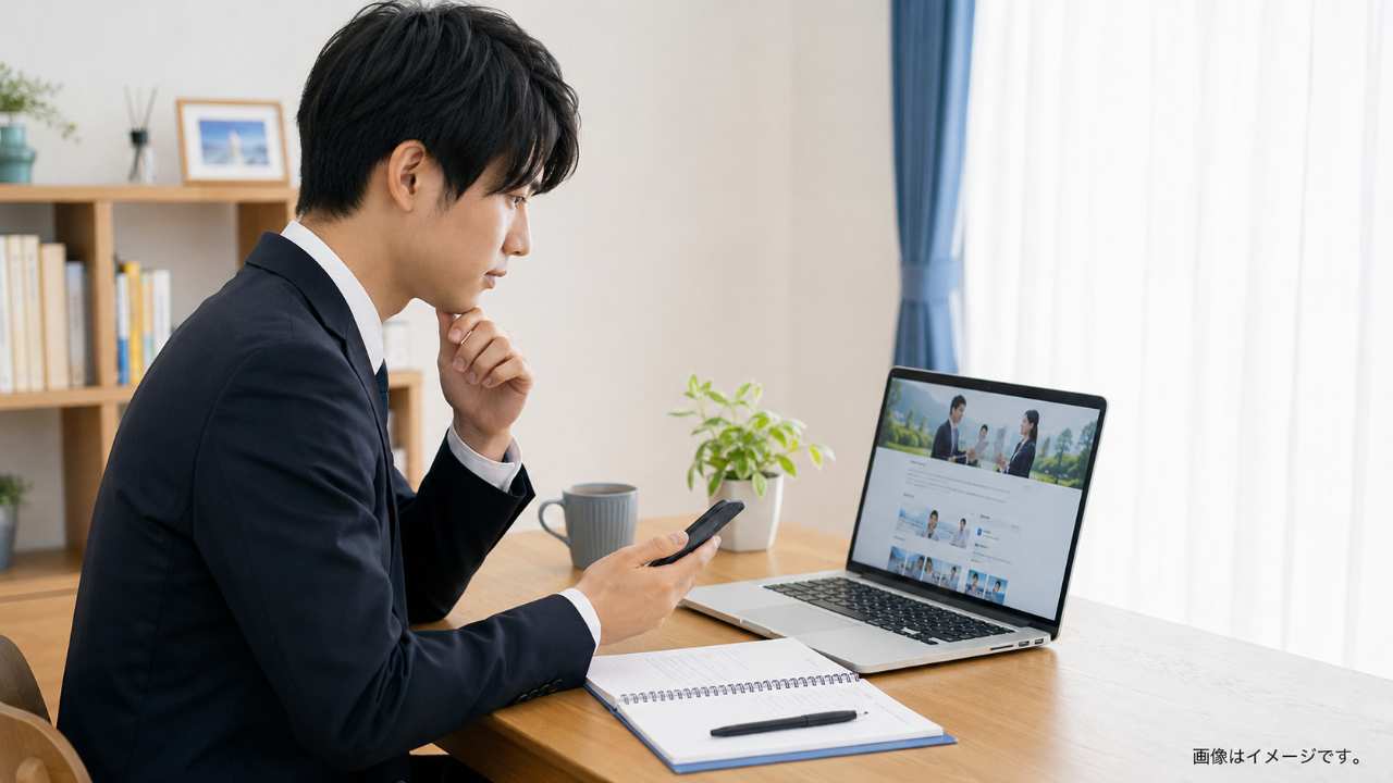 新卒の就活生が静かな自宅の机でスマートフォンを持ち、企業の採用ページをノートパソコンで確認しながら電話問い合わせの準備をしている