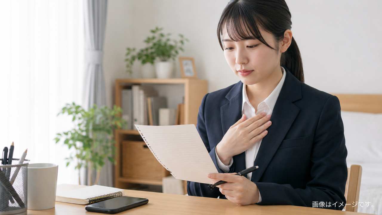 企業へ電話する前に、学生が学校名や質問内容を書いたメモを見ながら深呼吸している