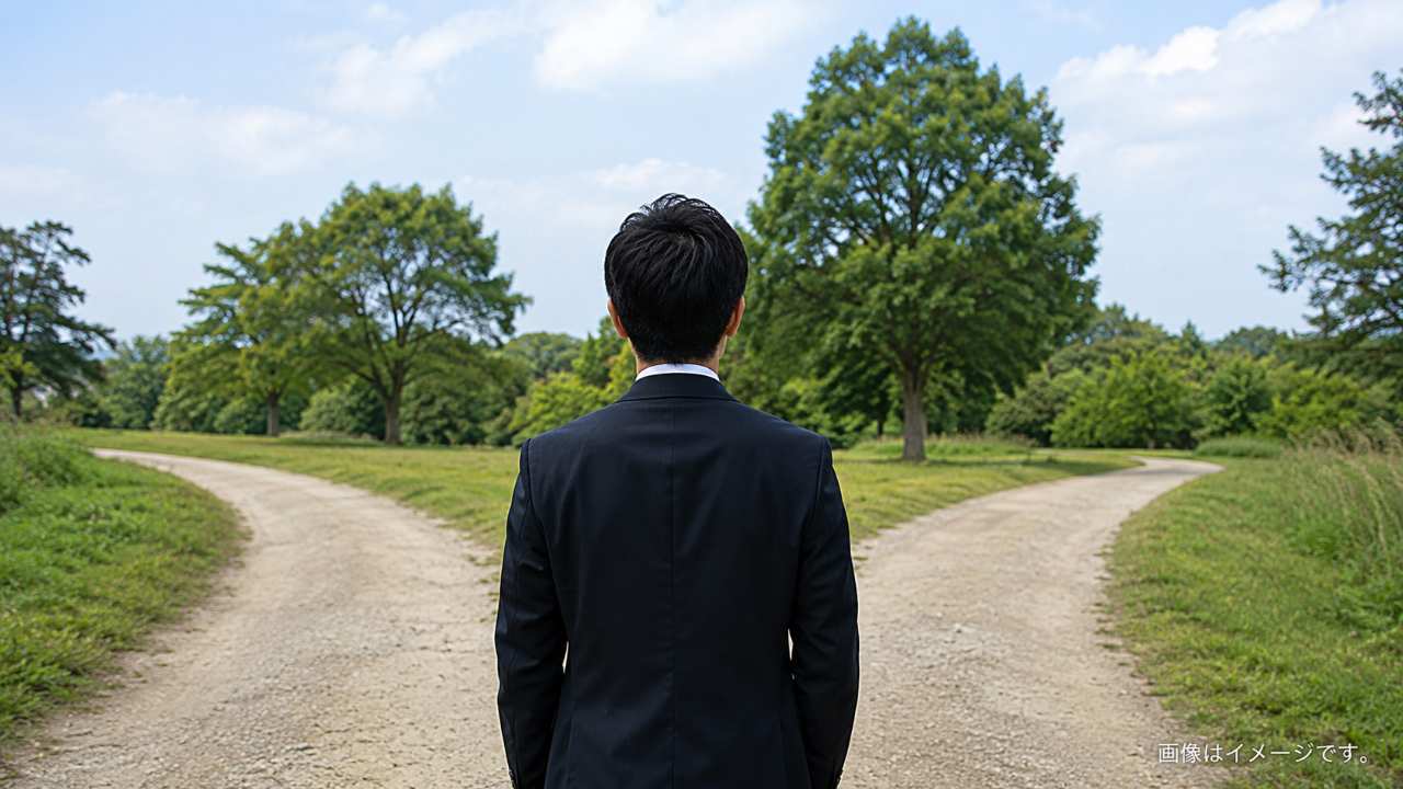 分岐した道の前に立つ若手ビジネスパーソンの後ろ姿