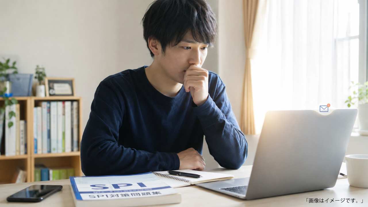 就職活動中の日本人学生がSPI受検後にノートパソコンの前で不安そうにしながらも、画面の奥に明るい光が差し込むブログ用アイキャッチ画像