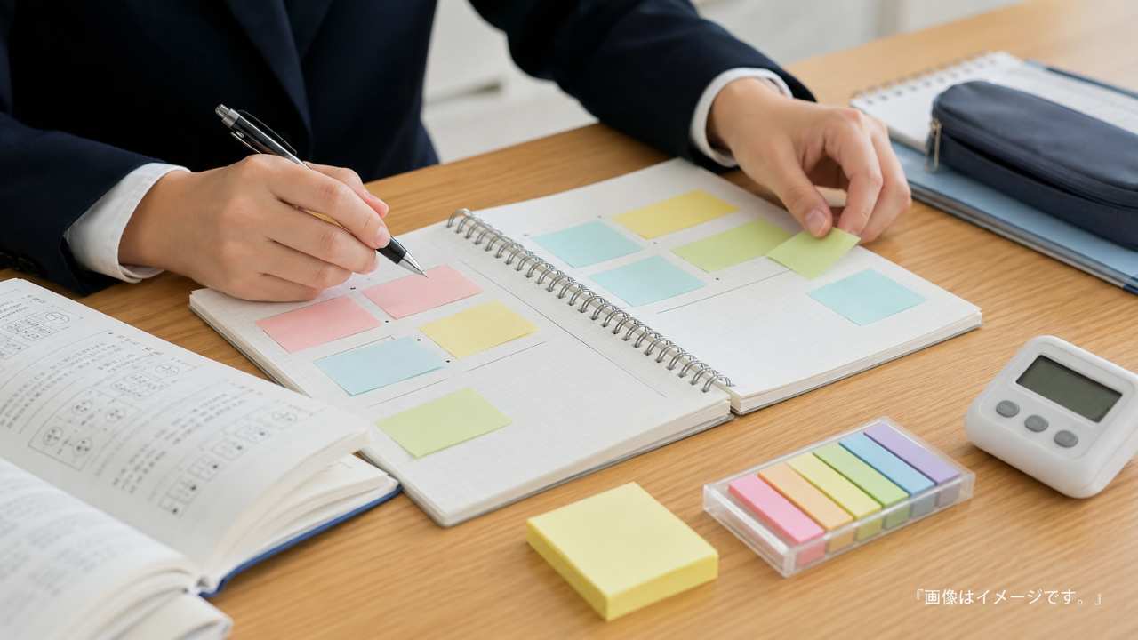 SPIの能力検査と性格検査をノートに整理している就活生の手元