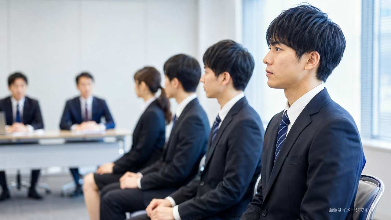 集団面接で自分の順番を待つ応募者が、姿勢を正して他の人の回答を聞いている実写風画像