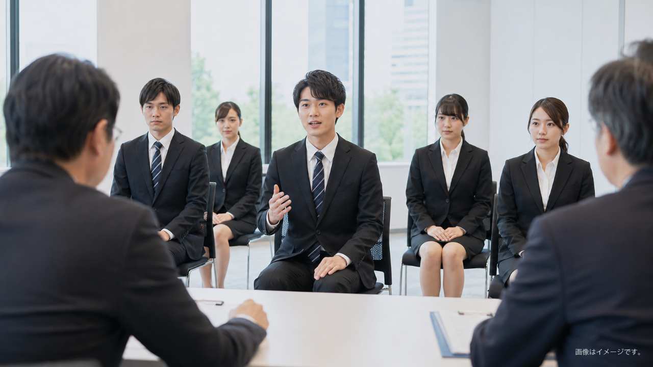 集団面接の会場で、複数の応募者が椅子に座り、面接官の前で緊張しながらも落ち着いて受け答えしようとしている