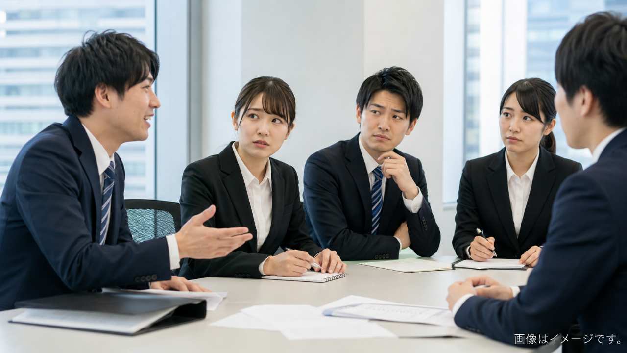 グループディスカッションで一人が話しすぎて周囲が少し困っている様子