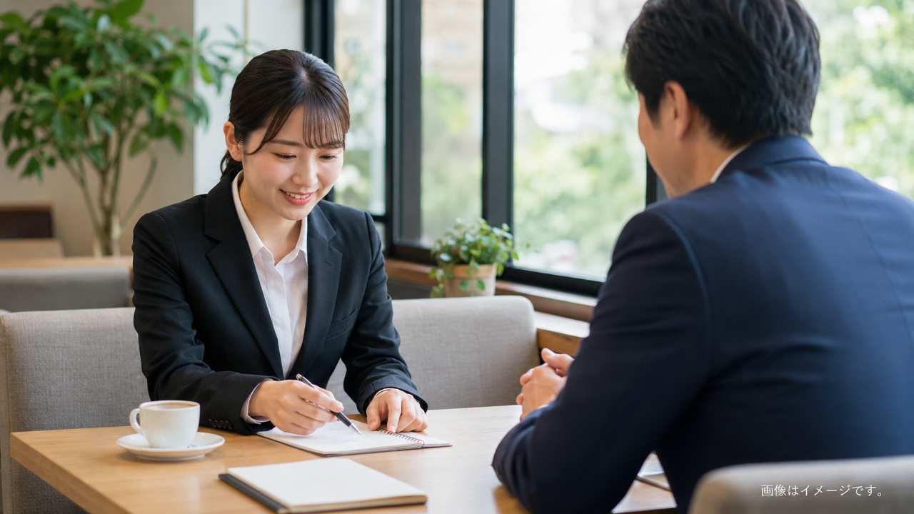 明るいカフェの面接席で、若い応募者が面接官から採用を伝えられ、安心しながらもメモで勤務条件を確認している自然な構図