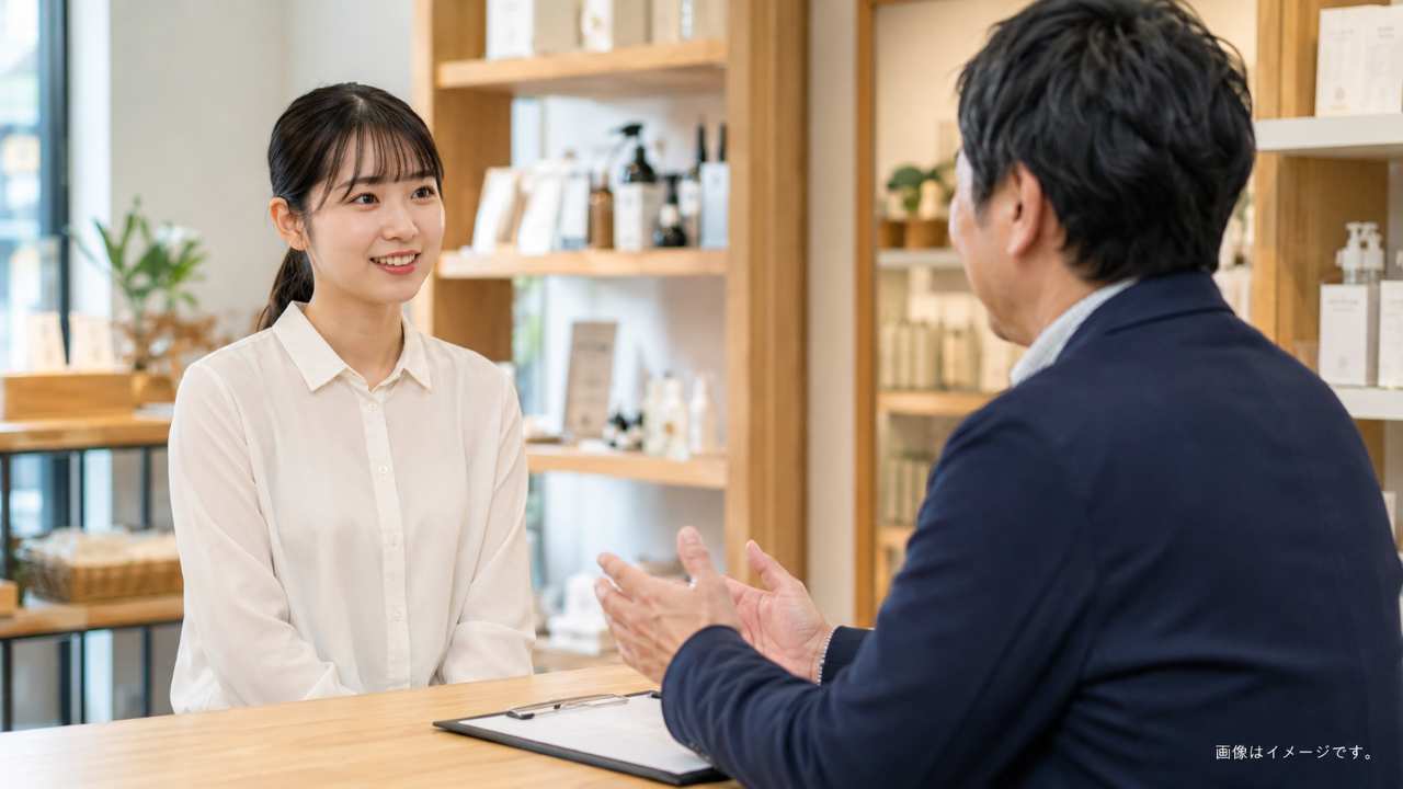 アルバイト面接で応募者と店長が穏やかに会話している場面