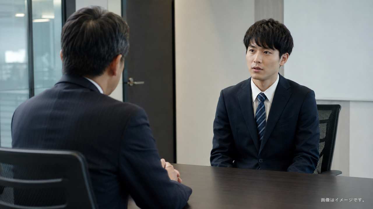 退職面談で上司と向き合って話す日本人会社員
