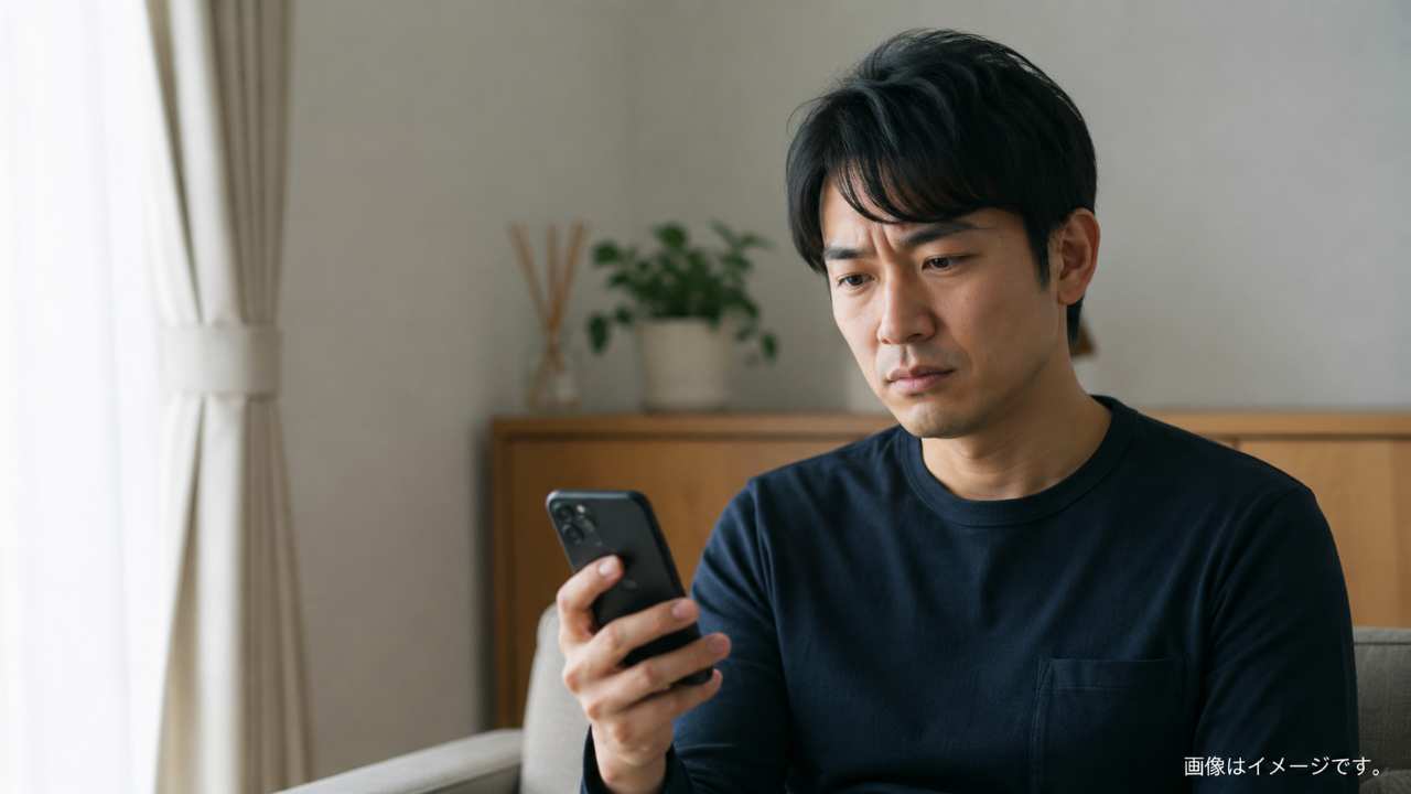 退職後に元同僚からスマホへ連絡が届き、静かな部屋で少し困った表情をしながら画面を見る30代の人物