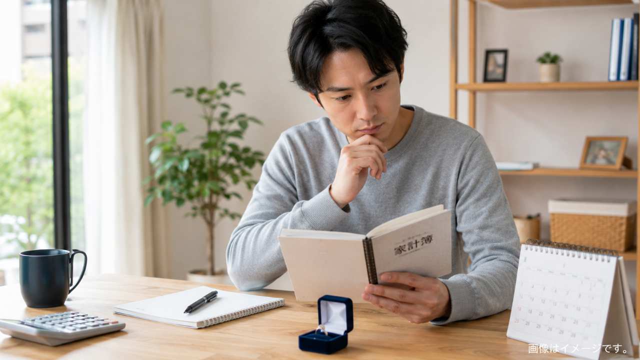 20代後半から30代前半の日本人男性が、明るい部屋で家計簿とノートを見ながら結婚に向けた将来設計を考えている