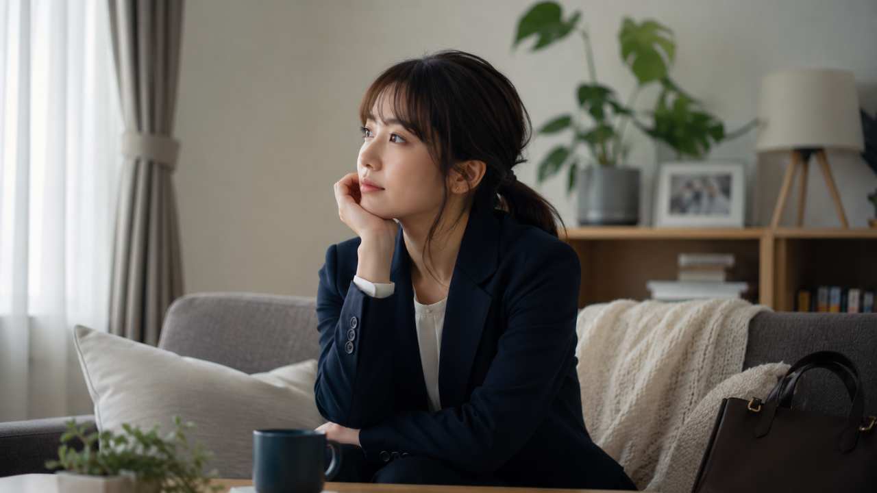 正社員として働く女性が帰宅後にソファで将来を考えている