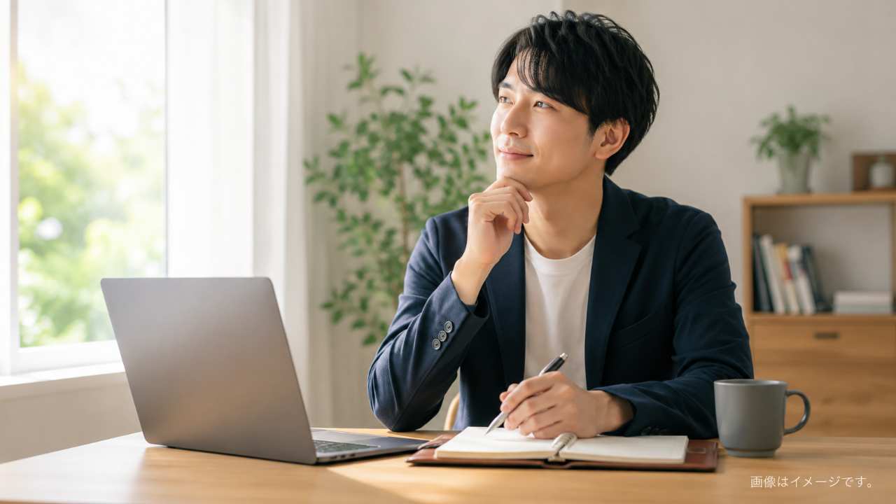 転職に悩む日本人のビジネスパーソンが、明るい朝の窓辺でノートパソコンと手帳を見ながら前向きに一歩踏み出そうとしている実写風写真