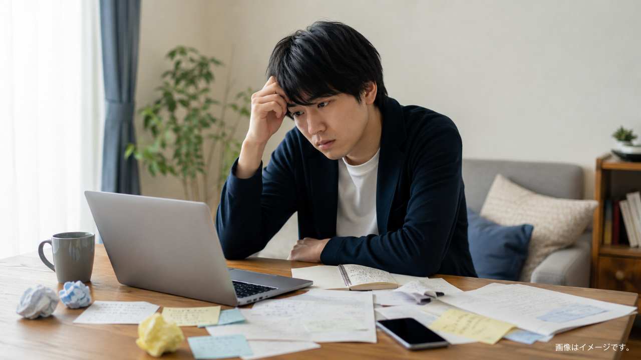 20代の日本人ビジネスパーソンが求人情報を見ながら悩んでいる
