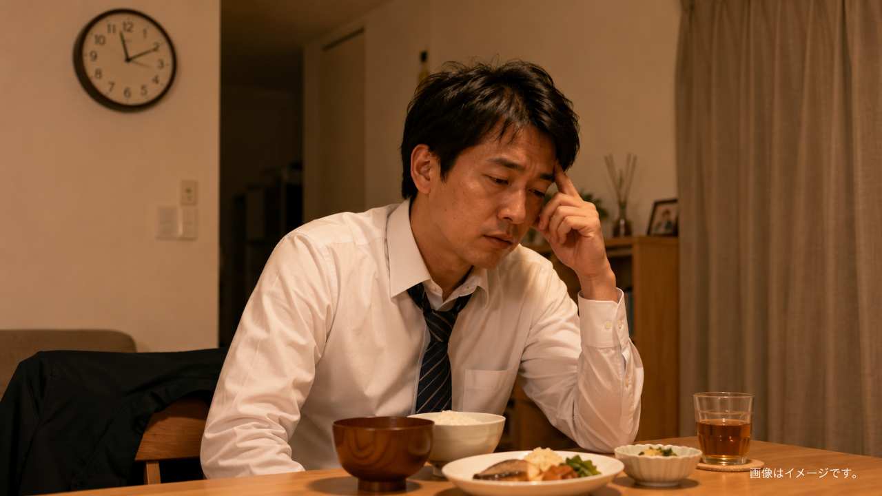 深夜に帰宅し、ダイニングテーブルで簡単な夕食を前に疲れている日本人会社員